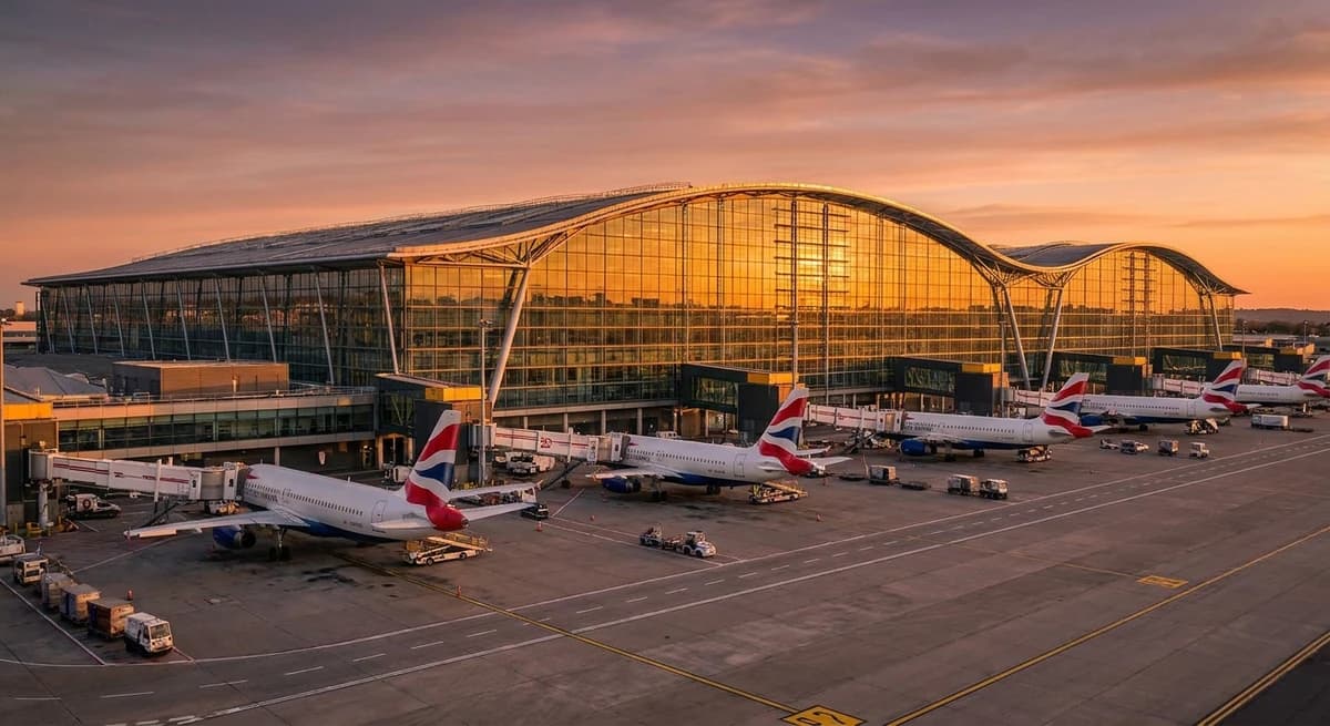London Heathrow Terminal 5 at golden hour — your destination awaits after a proper night's sleep in business class