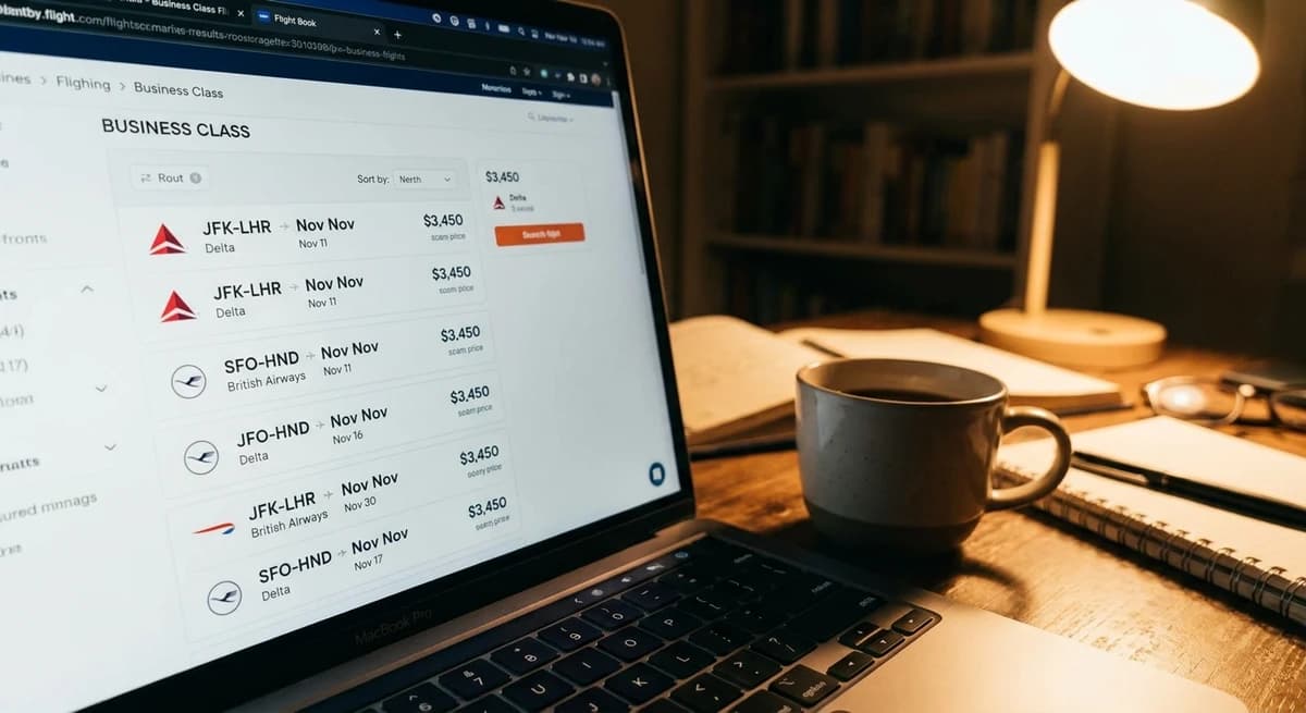 A laptop showing flight search results for business class fares — timing your purchase can mean thousands in savings