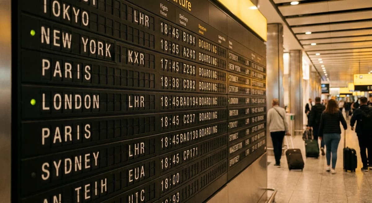 Airport departure board showing international business class flights — the day you fly matters more than the day you book