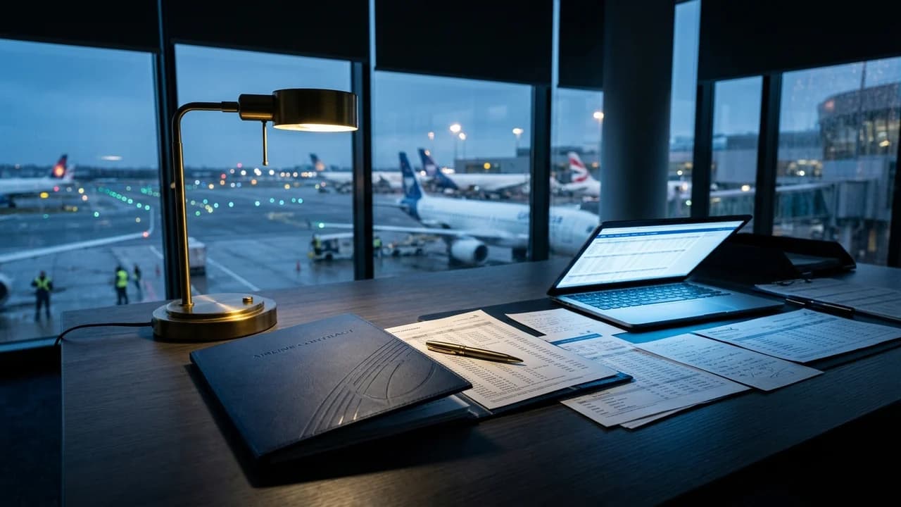 Travel agent desk with confidential airline consolidator contracts and fare sheets, airport tarmac visible through office windows at twilight
