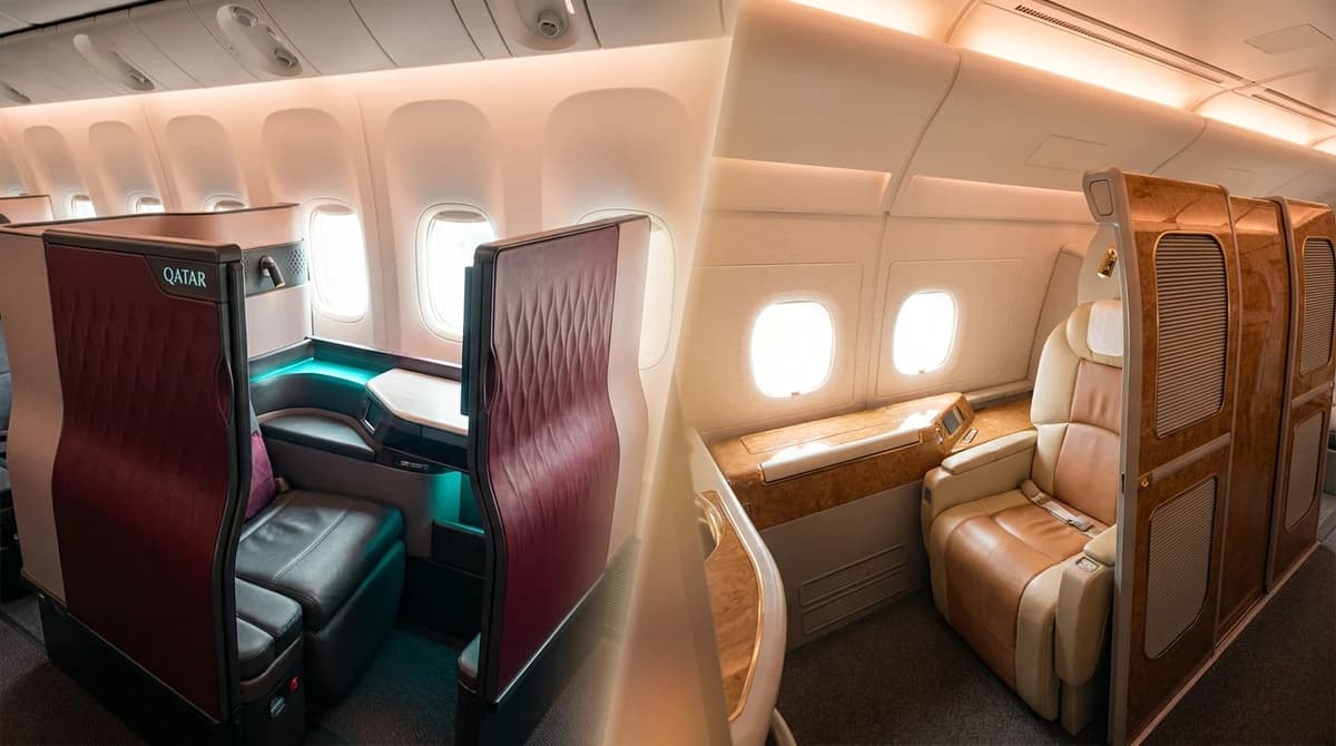 Side by side — Qatar Airways QSuite business class and Emirates First Class Suite showing the shrinking gap between cabins