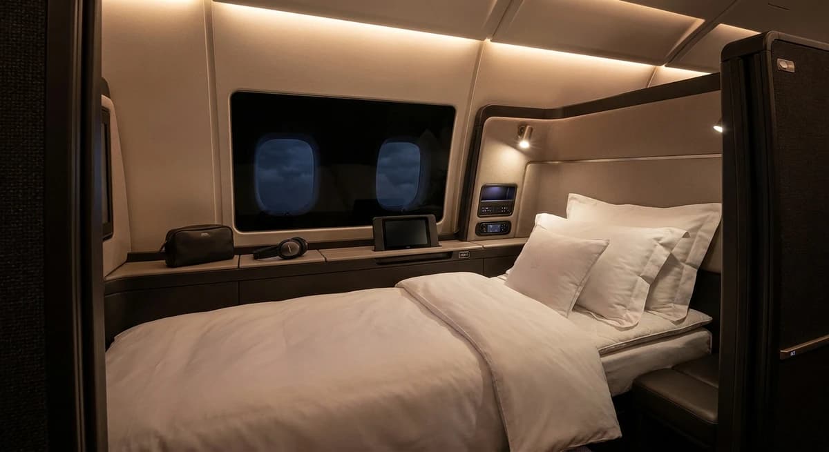 First class lie-flat bed with turndown service — thick mattress pad, luxury duvet, and full-sized pillows