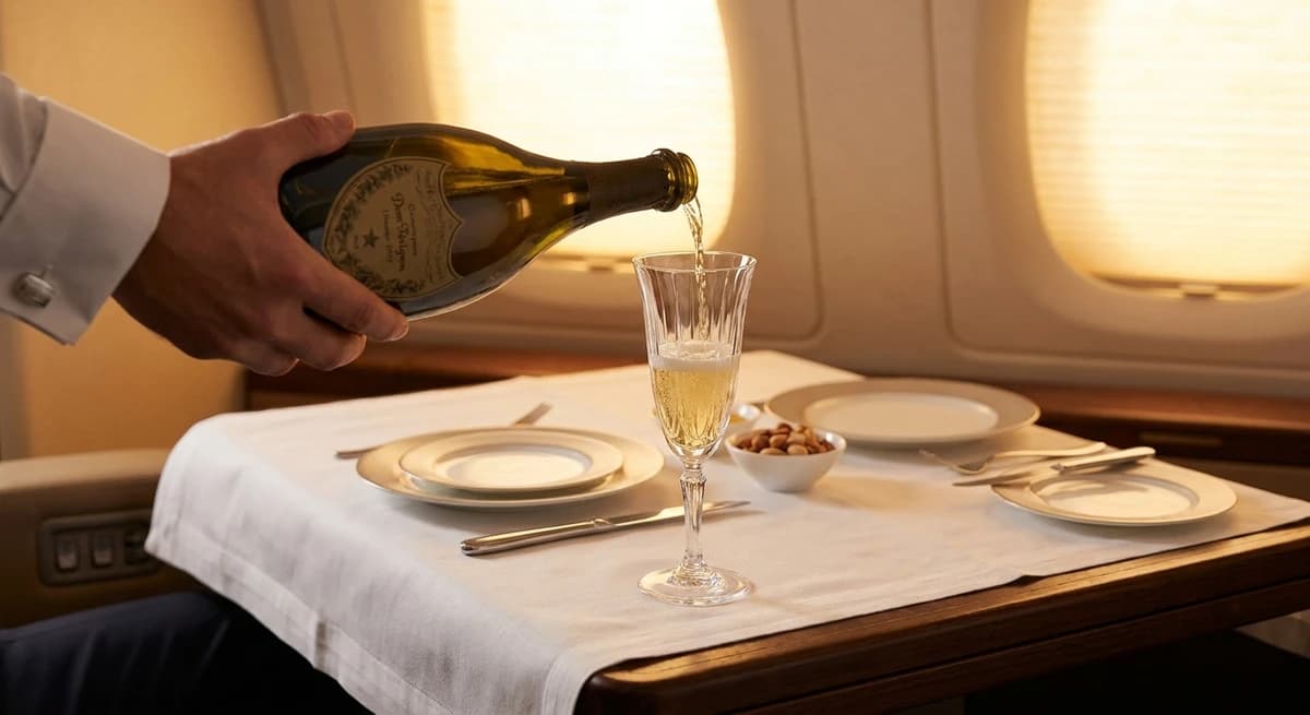 Champagne service in airline first class — Dom Pérignon poured at 35,000 feet is the hallmark of the premium experience
