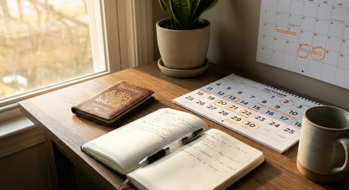 A calendar with highlighted booking windows and travel planning materials — timing your purchase is critical for wholesale fares