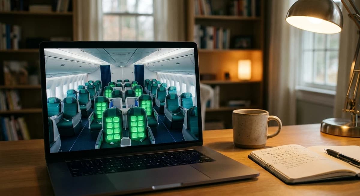 An airline seat map showing business class availability — consolidators access private inventory that never appears on public booking engines