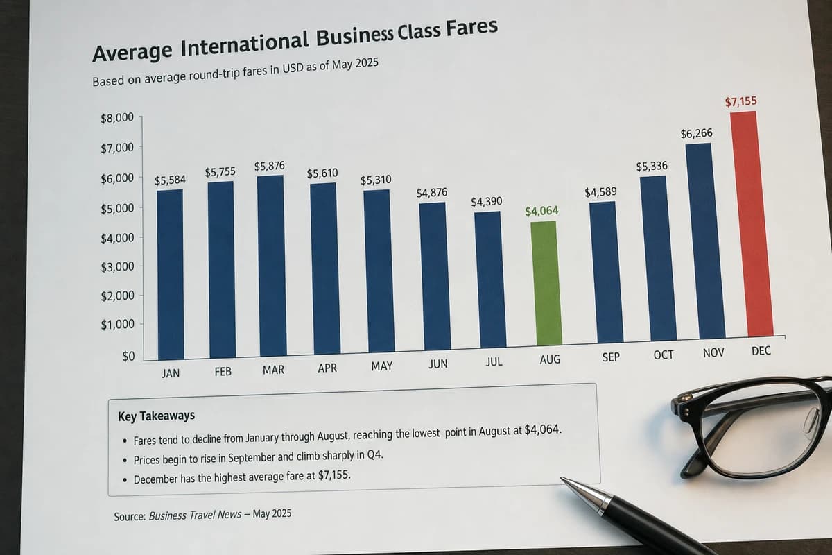 August consistently offers the lowest average international business class fares — about $450 below peak