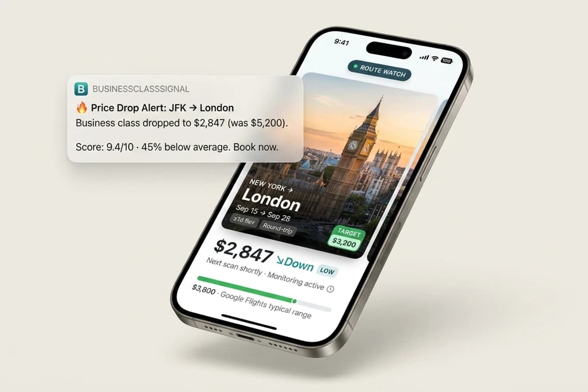 Business Class Signal price drop alert showing a JFK to London fare at $2,847 — 45% below average