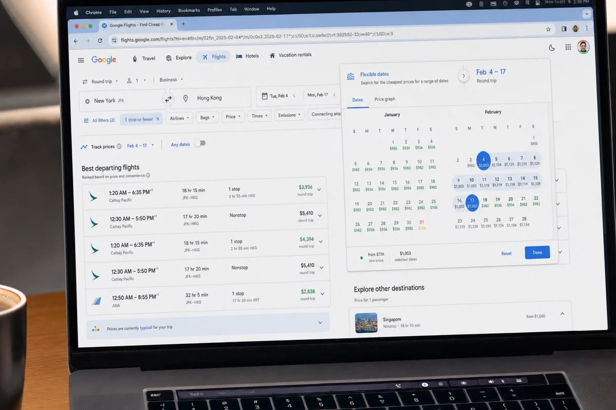 Flexible date searches reveal fare swings of $1,000+ on the same route — timing is the easiest hack