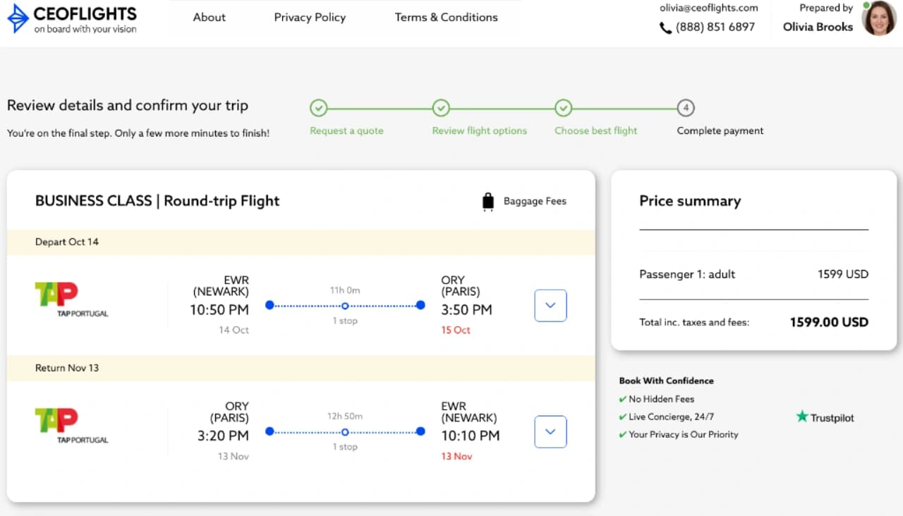 CEOFLIGHTS price quote showing Newark to Paris round-trip business class for $1,599 total including taxes