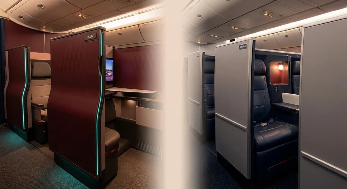 Side-by-side comparison — Qatar QSuite with burgundy doors versus Delta One Suite with grey sliding panels