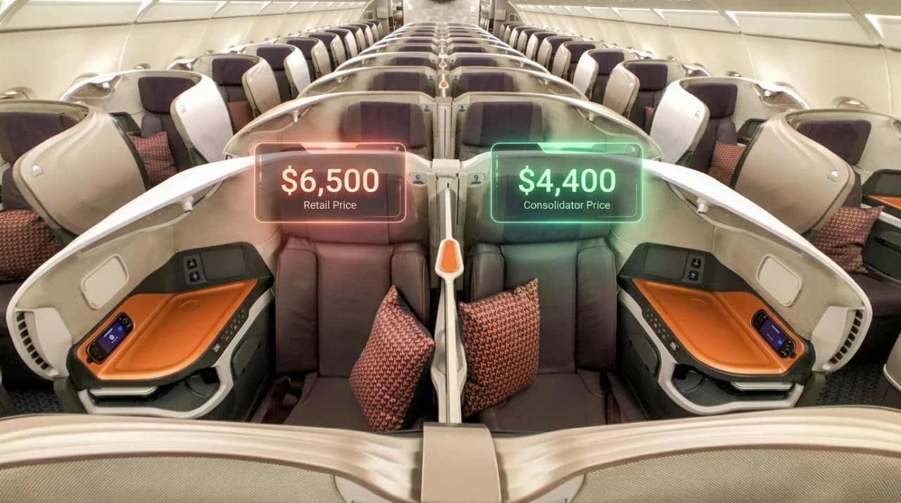 Singapore Airlines business class seats side by side — one at $6,500 retail price, the other at $4,400 consolidator price for the identical experience