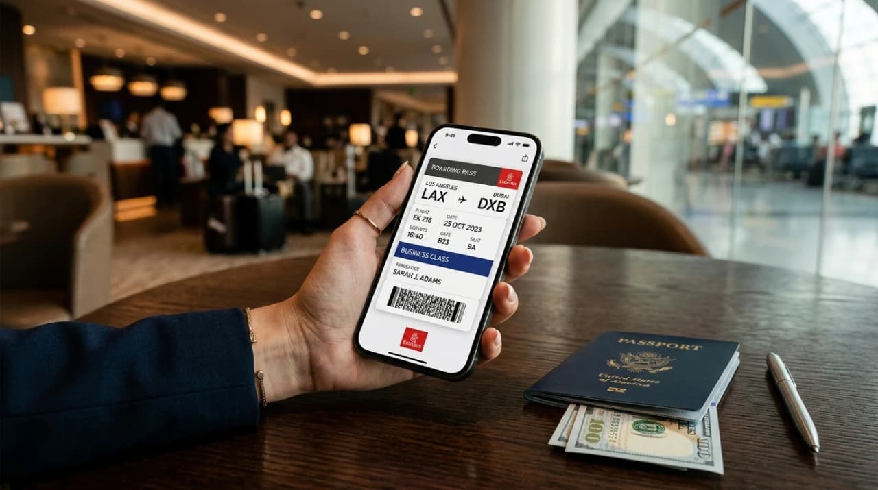 Business class boarding pass showing Los Angeles LAX to Dubai DXB with USD cash savings visible — strategic booking strips $3,000 off ticket cost