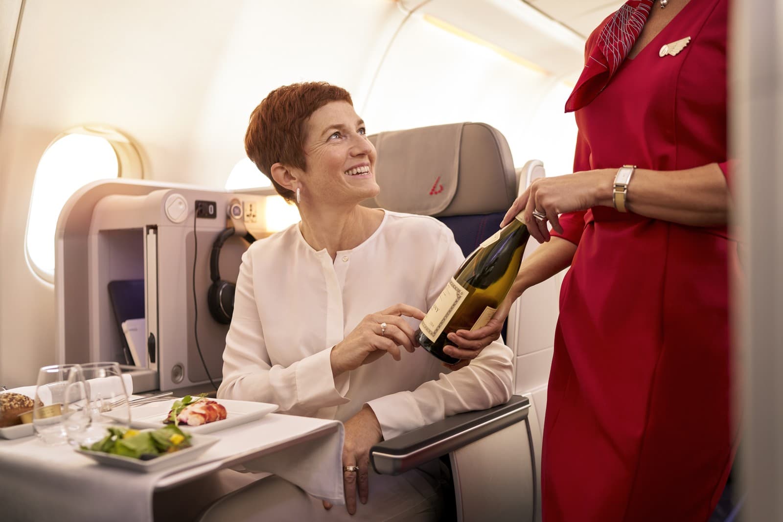Brussels Airlines long-haul Business Class dining experience, featuring personalized onboard service. Photo by Brussels Airlines.