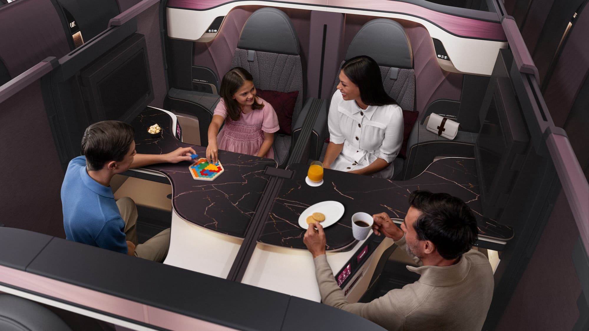 Qatar Airways’ Qsuite Next Gen with taller dividers and movable 4K OLED screens. Photo by Qatar Airways.