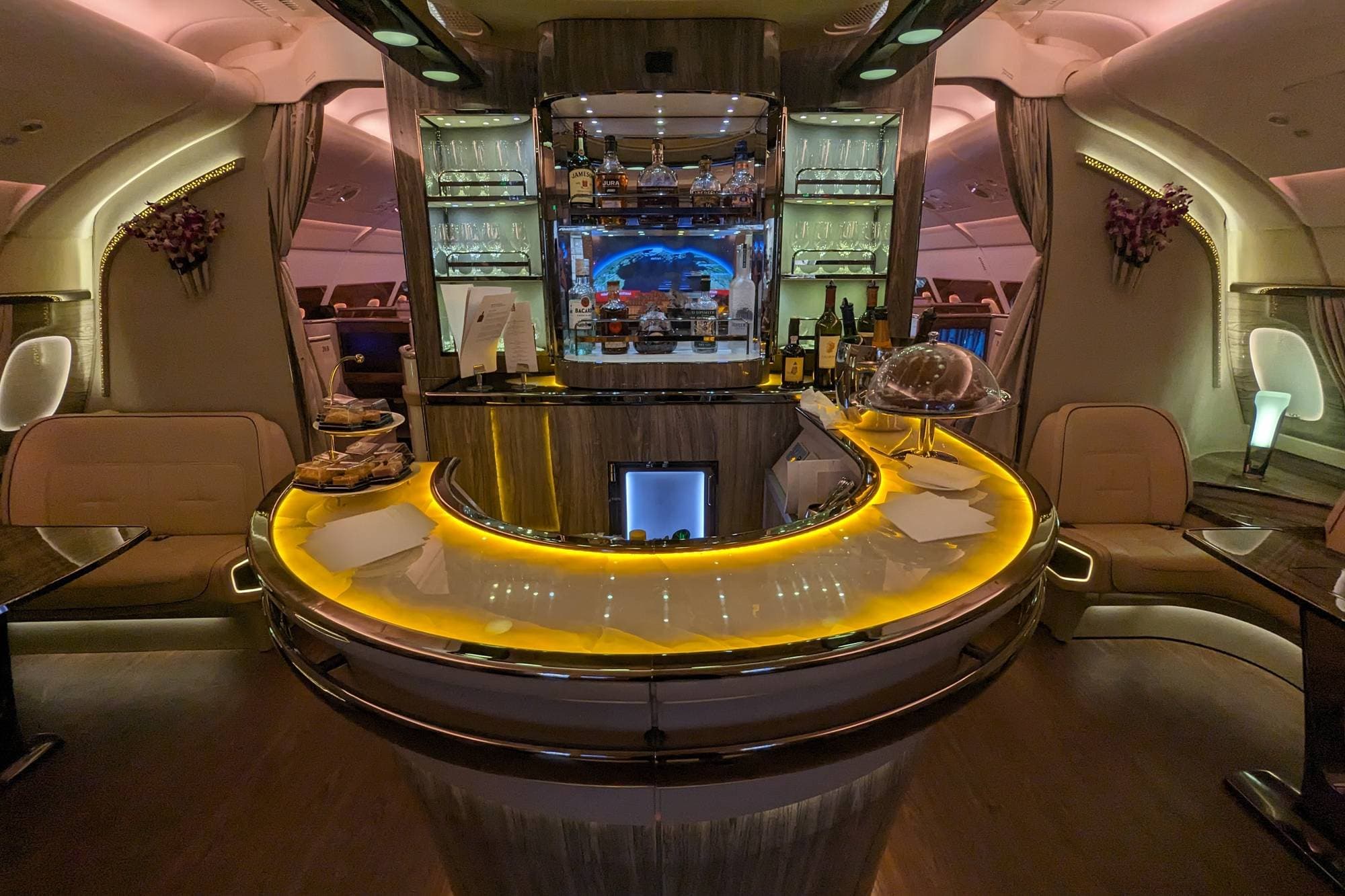On-board lounge and bar for first and business class passenger on Emirates A380 aircraft on long-haul international flights