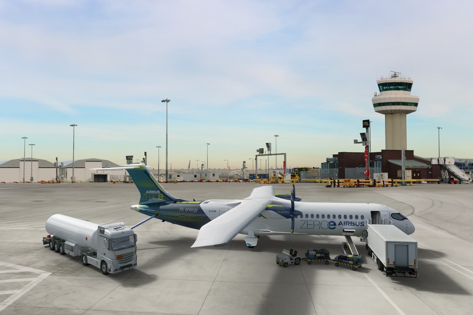 Artist rendering - ZEROe hydrogen-powered aircraft at London Gatwick Airport. Photo by Airbus SAS 2024 - computer rendering by FIXION - MMS.