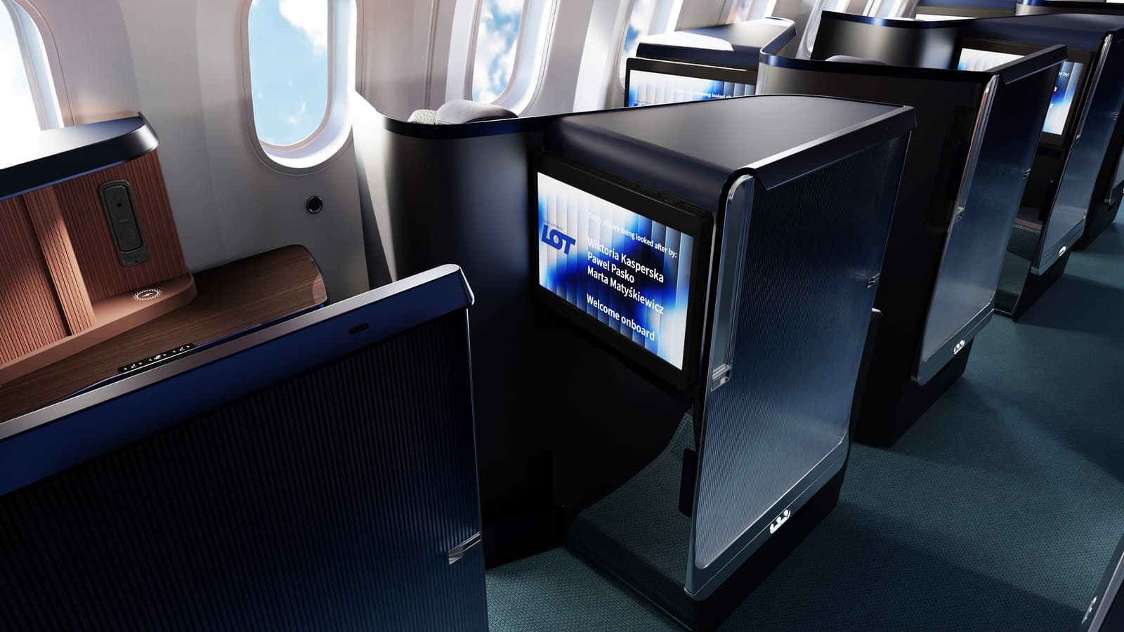 Business class suites are aligned for maximum privacy and direct aisle access. Photo by LOT Polish Airlines.