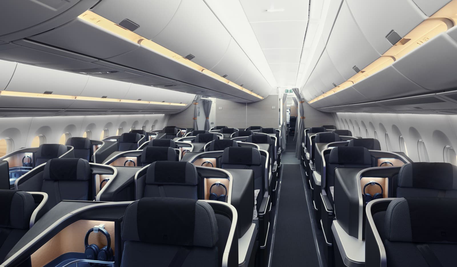 Front view of the SAS A350 Business Class cabin, offering a modern and elegant atmosphere with spacious seating and contemporary finishes. Photo by SAS AB.