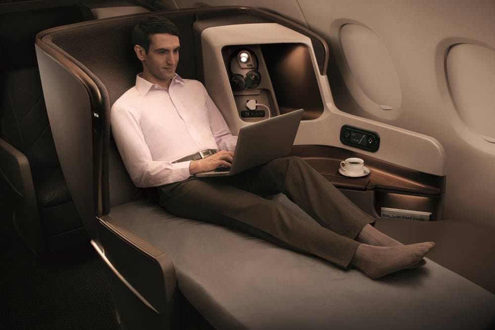 Business Class seat in Sundeck position on Singapore Airlines' Boeing 777.