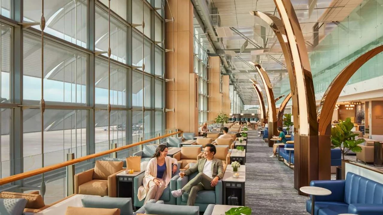 Arrive two hours early and eat in the lounge — the restaurant here is often better than the meal at 38,000 feet
