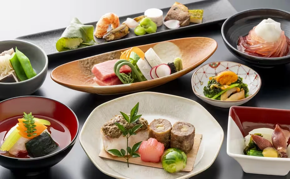 A traditional Japanese Kaiseki meal served in ANA business class on a long-haul flight.