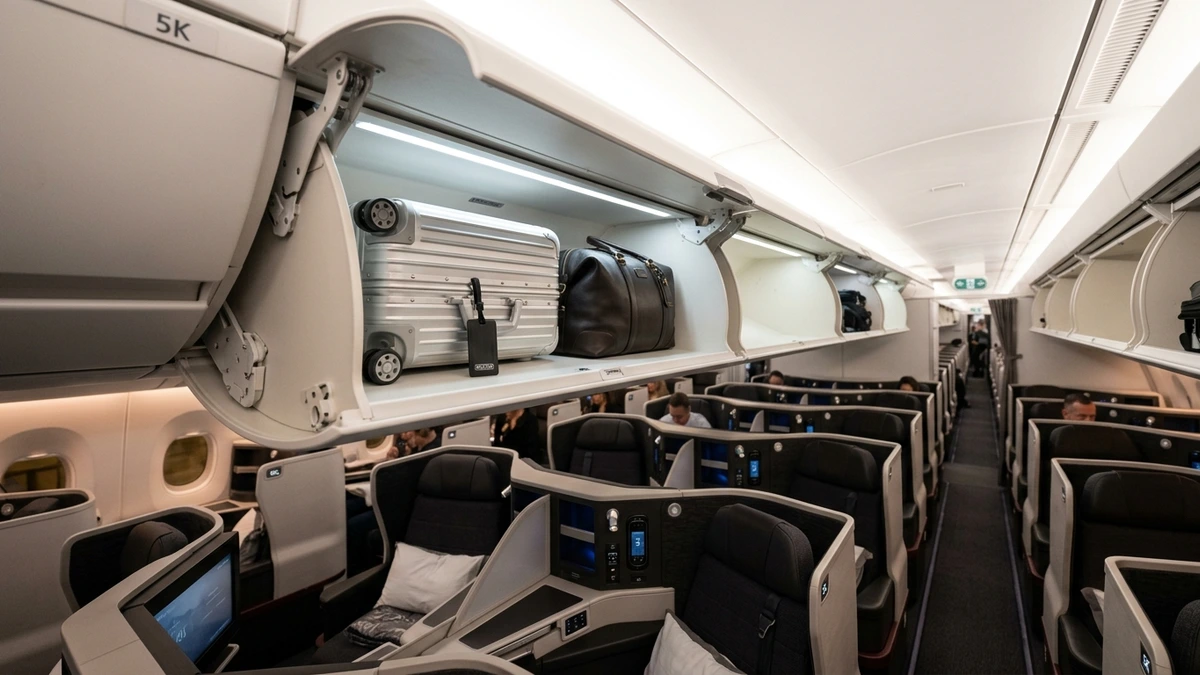 Overhead bins in premium cabins are generally reserved for business class passengers, ensuring space for carry-ons.