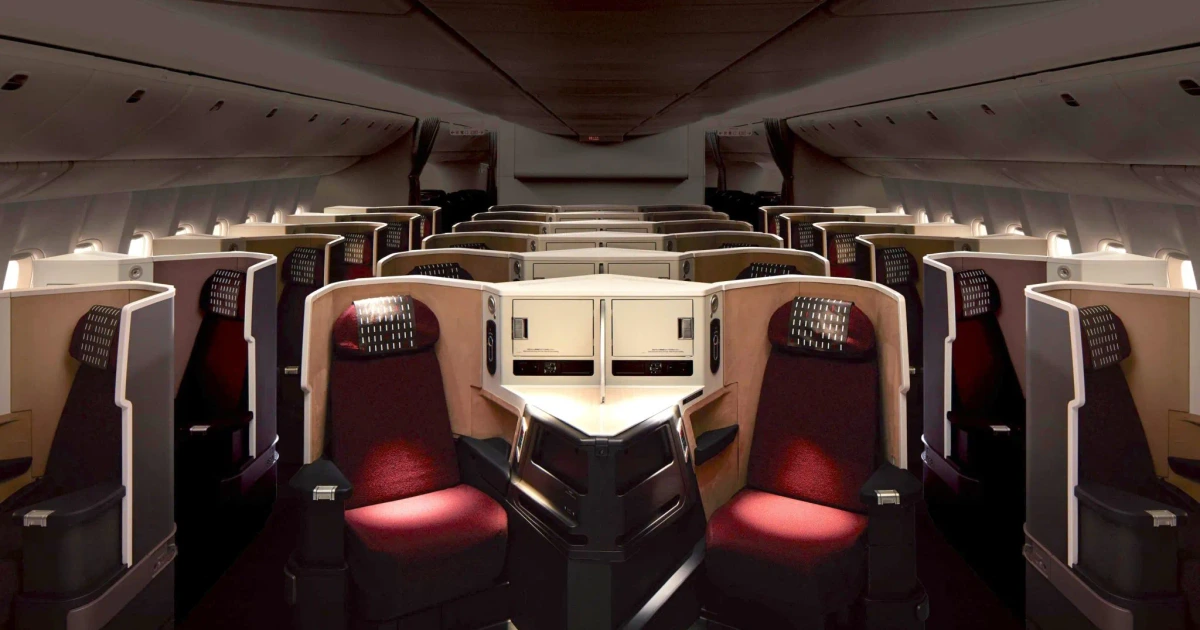 JAL's Sky Suite III uses the same reverse herringbone platform with Nishikawa premium bedding and a privacy shell — a top-tier product on Pacific routes.