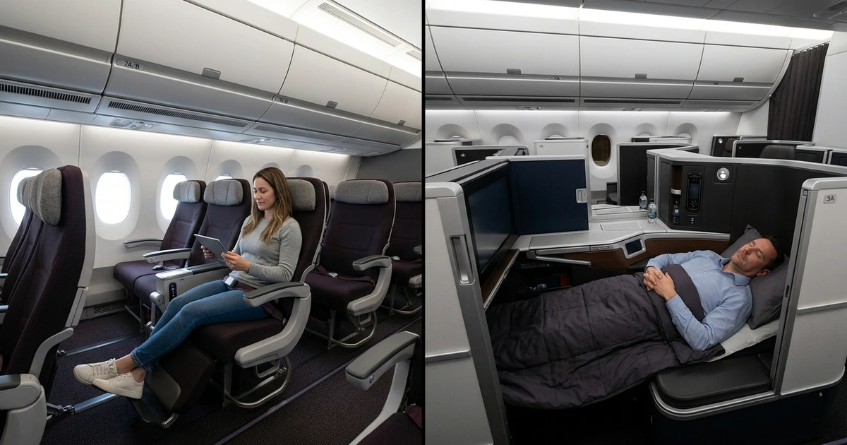 Premium economy upgrades the recline and dining — but business class is a fundamentally different cabin.