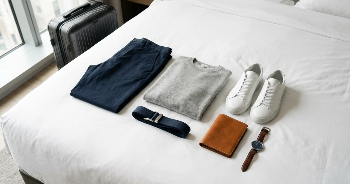 Smart casual: dark chinos, a lightweight sweater, and clean sneakers hit the right tone for any cabin.
