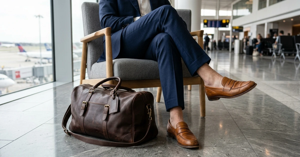 Comfortable leather loafers and tailored trousers work from the lounge through to the cabin.
