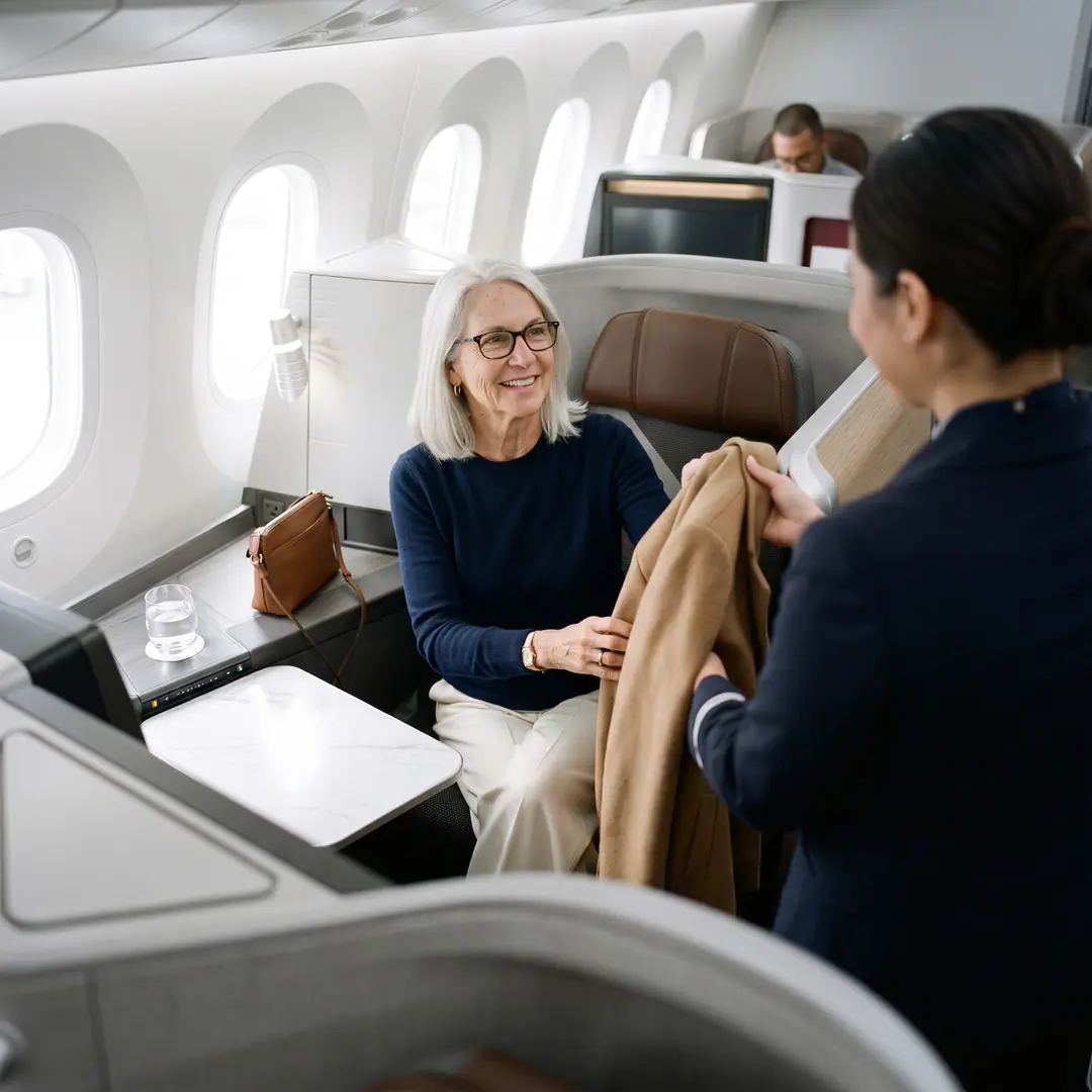 Linda smiling from her Business Class suite as a flight attendant takes her camel coat to hang it during priority boarding