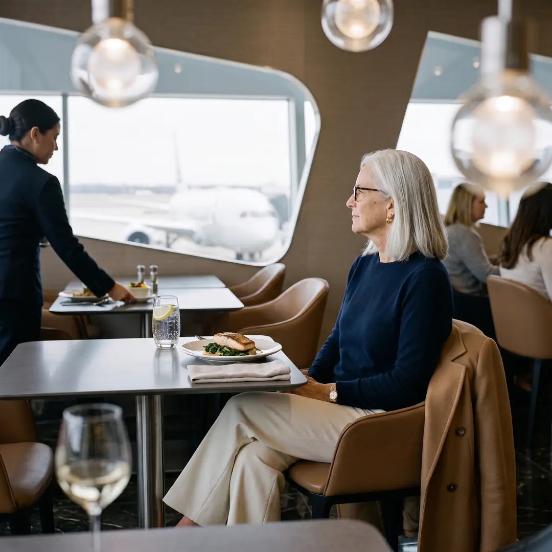 Linda, a woman in her early sixties with silver hair and tortoiseshell glasses, at a window table in a quiet lounge dining room at Dallas/Fort Worth, a light lunch in front of her and a jet on the apron outside