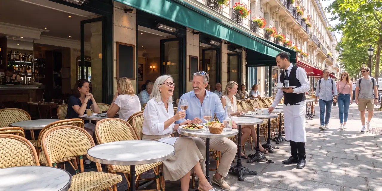 The next day: Linda and her partner laughing over lunch on a sunny café terrace in Saint-Germain, Paris